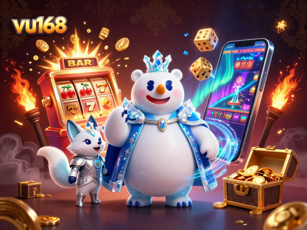 Experience multiple casino games at vu168, featuring an exciting slot machine and vibrant characters.