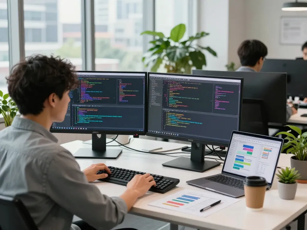 Software engineer coding on monitors in an inspiring workspace with juicy ai technology components.