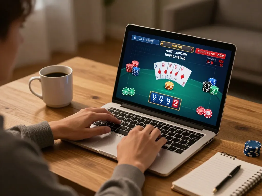 Engaged user playing poker online at home with open888 platform, showcasing strategy notes and gaming interface