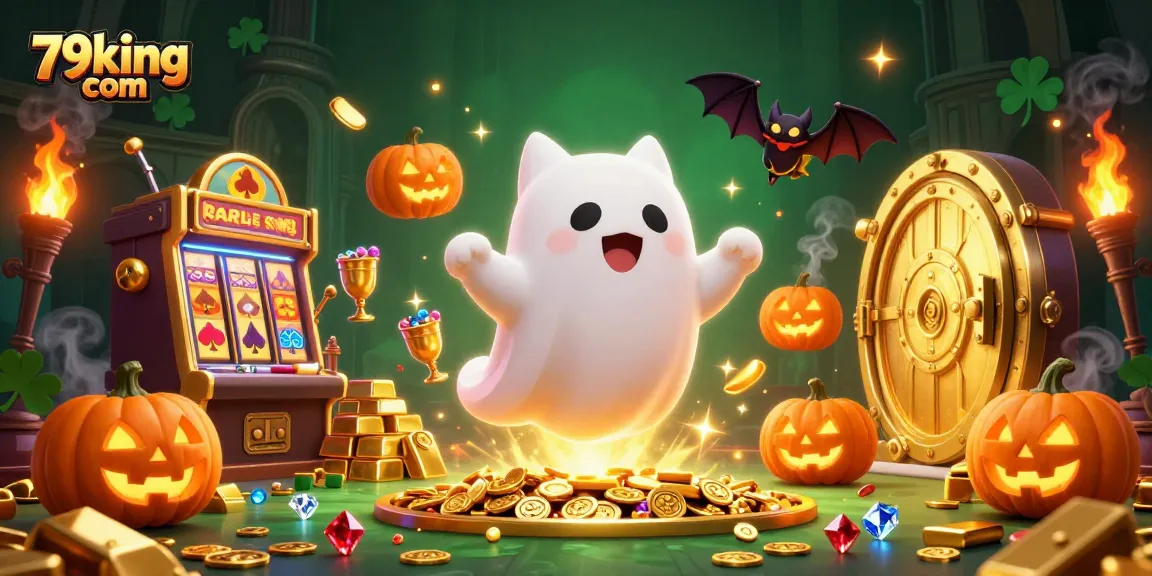 Engage with the vibrant 79king com scene showcasing a ghost cat and bat in a haunted casino.