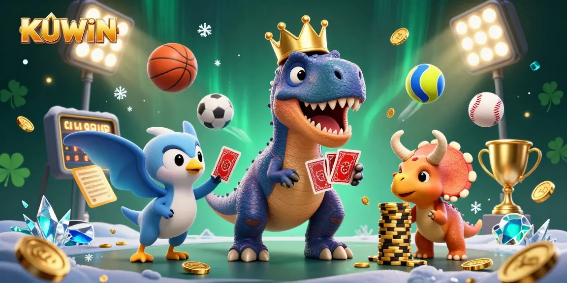 KUWIN casino features a T-Rex shuffling cards, surrounded by sports elements and golden coins.