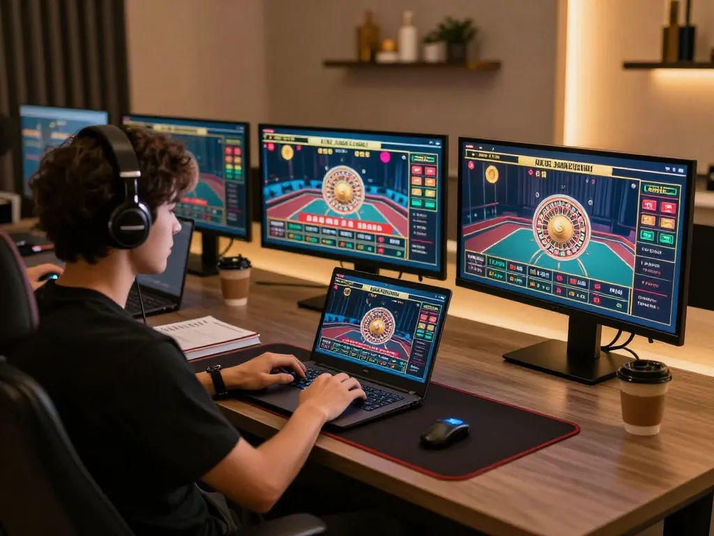 Engaged player at vipwin enjoying live dealer roulette in a modern gaming setup