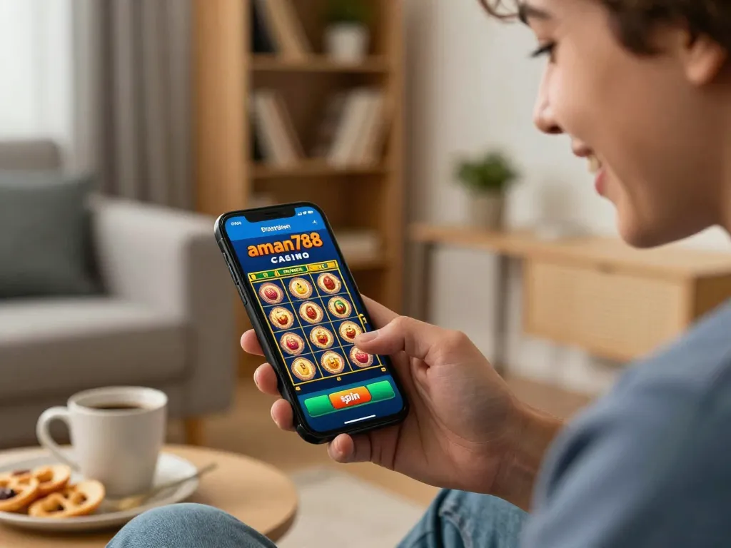 Engaging moment where a user plays aman788 slot game on their smartphone, creating a cozy online gambling atmosphere.
