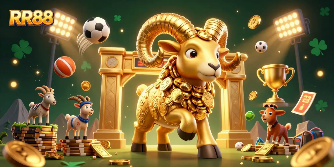 RR88 showcases an exhilarating casino scene with a golden ram charging through a vibrant backdrop.