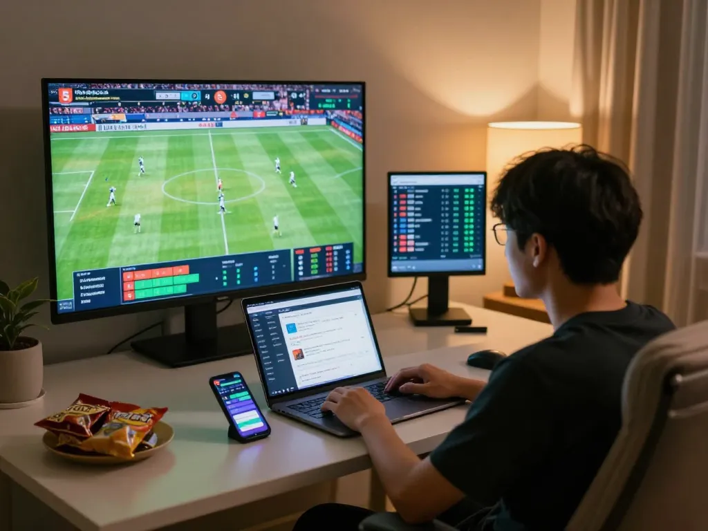 Engaged player analyzing kèo nhà cái 5 while actively betting during a live football match.