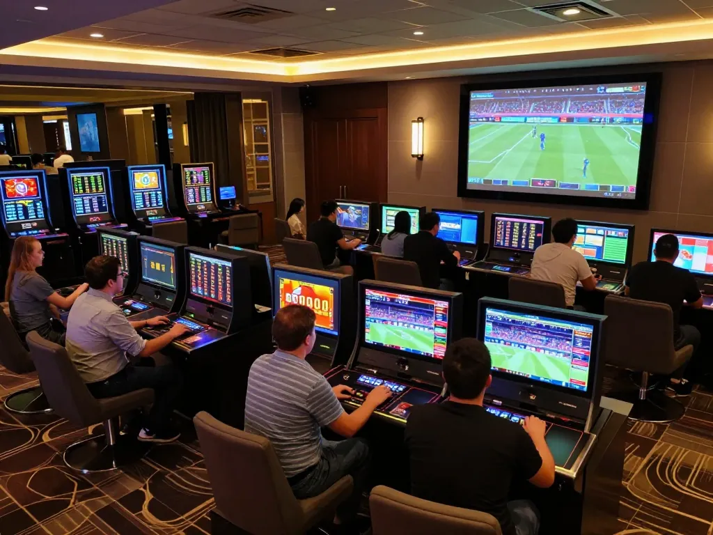 FIVE88 players engaged in strategic sports betting in a luxurious online gaming lounge