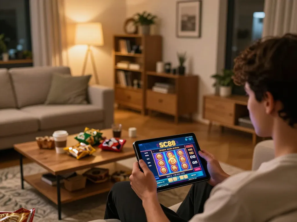 Engaging in SC88 online casino gaming on a tablet at home, showcasing vibrant interface and cozy atmosphere