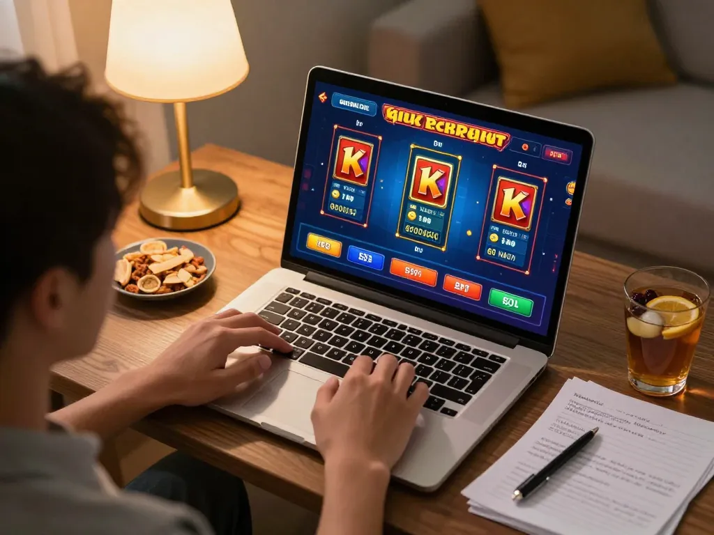 Engaging player enjoying the kdslot game on a laptop at home, with strategic notes visible.