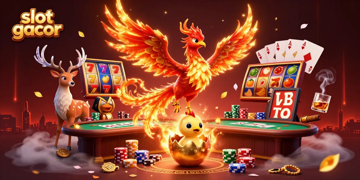 Experience exhilarating wins with slot gacor as a fiery phoenix rises above a vibrant casino scene.