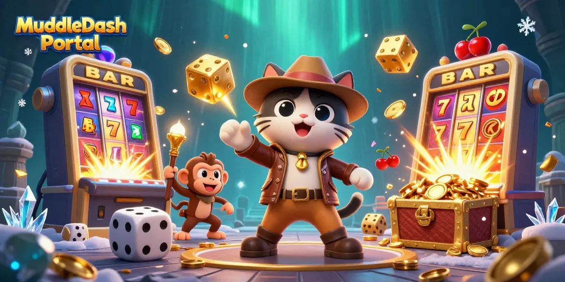 MuddleDash Portal presents a vibrant 3D illustration of a cat archaeologist and monkey companion in a dynamic casino-themed adventure.