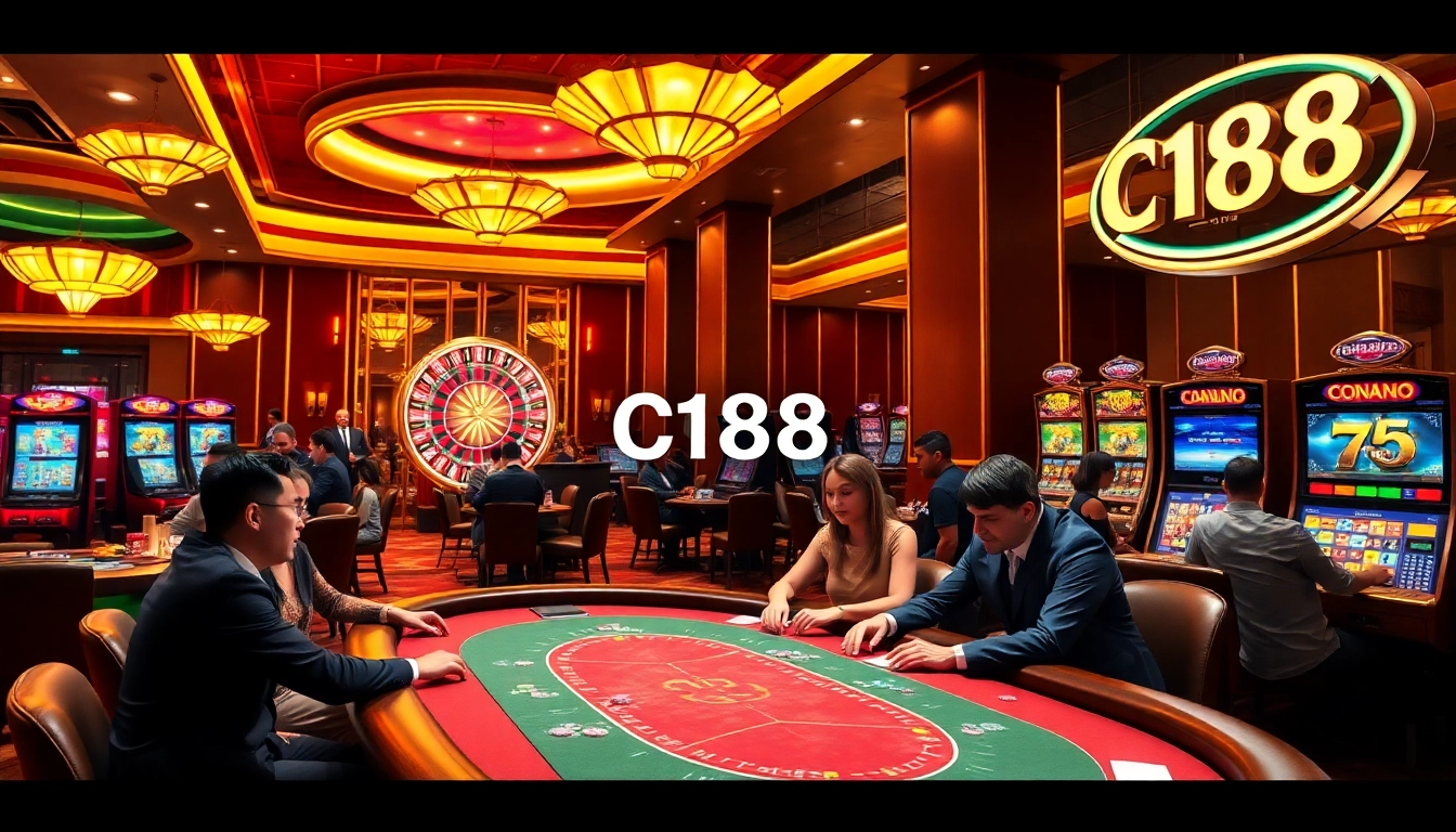 C168 casino scene showcasing players at poker tables and a vibrant roulette wheel, exuding a thrilling gambling atmosphere.