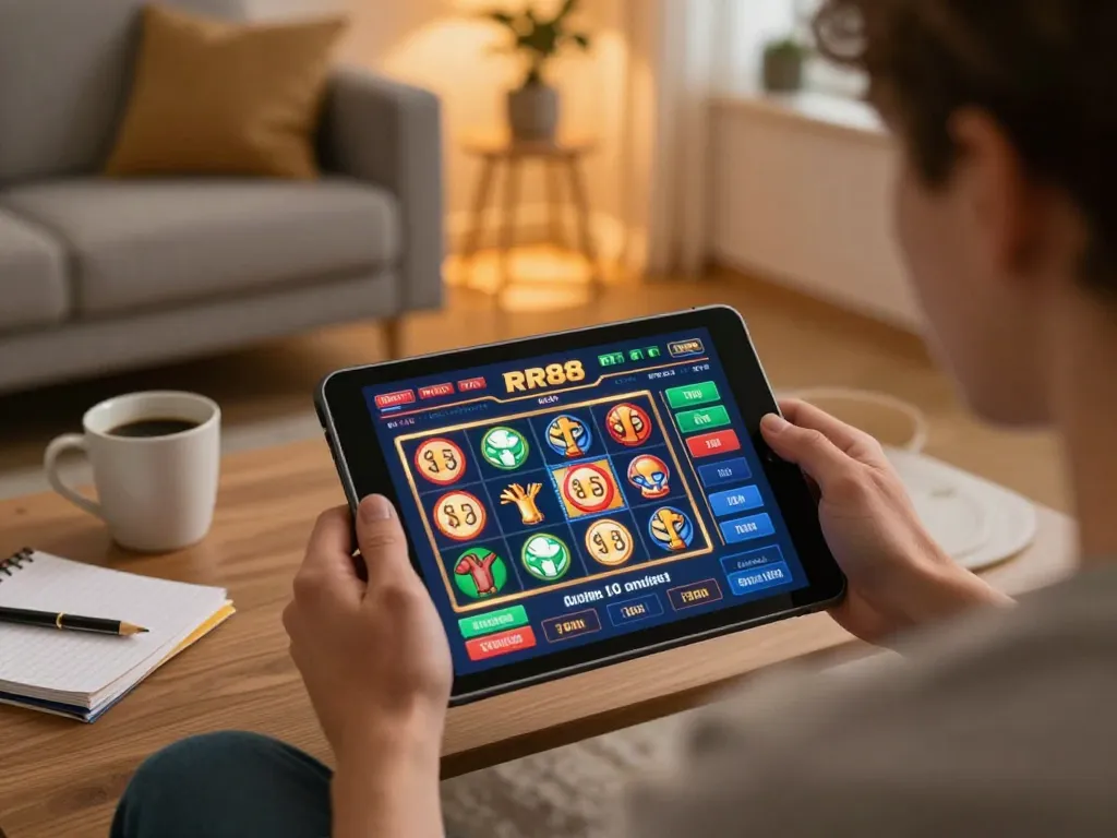 Engaging in RR88 online casino gameplay on a tablet in a cozy home setting.