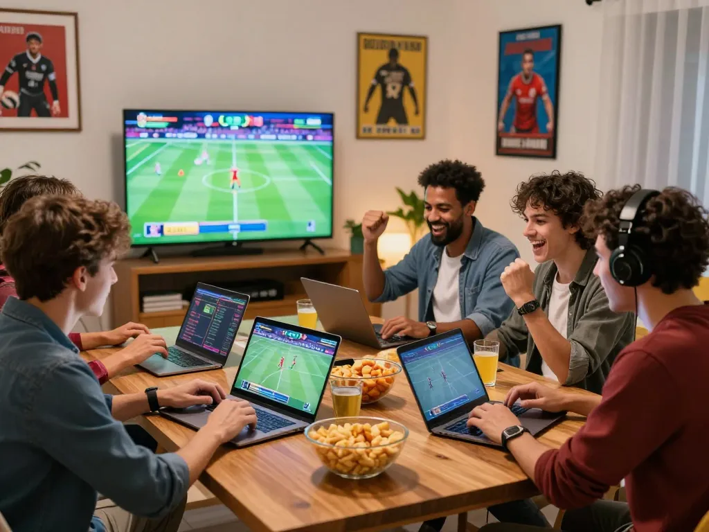 SBOBET88 friends enjoying a lively sports betting session at home, showcasing excitement and camaraderie.