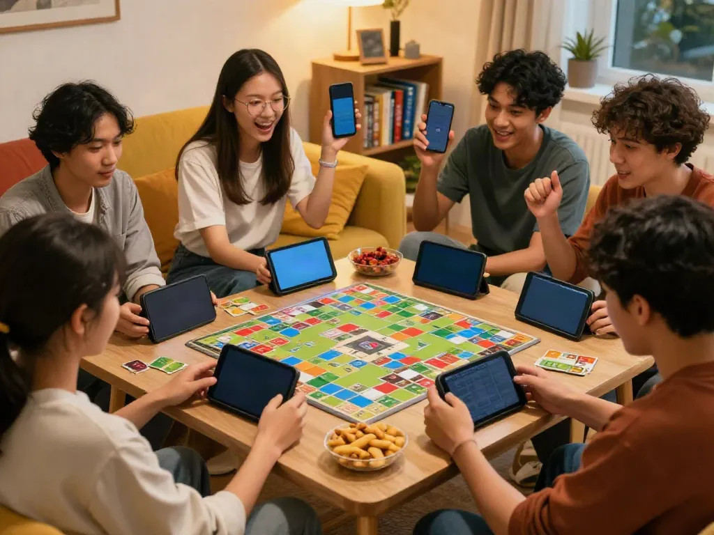 Friends enjoying Rumble Rummy app on mobile devices in a cozy gaming atmosphere.