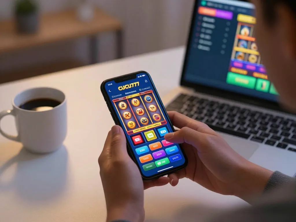 Cucu777 player enjoying mobile gaming on smartphone, showcasing exciting slot game interface and home setup.