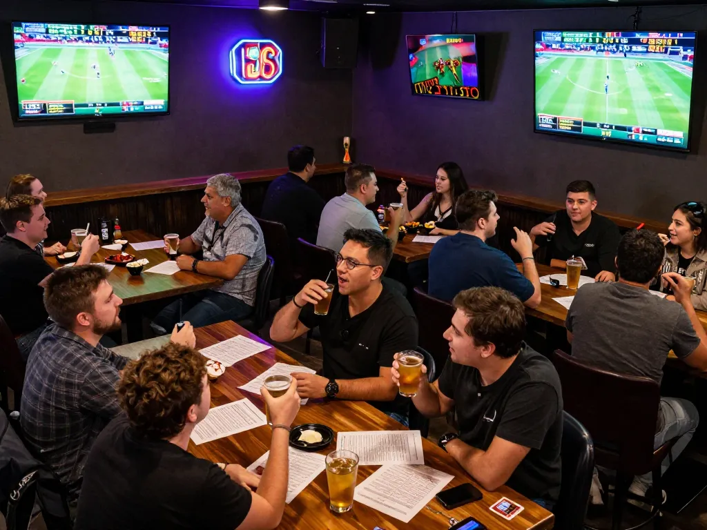 Engaged patrons at lucky88 sports betting bar, excitedly tracking live game scores.