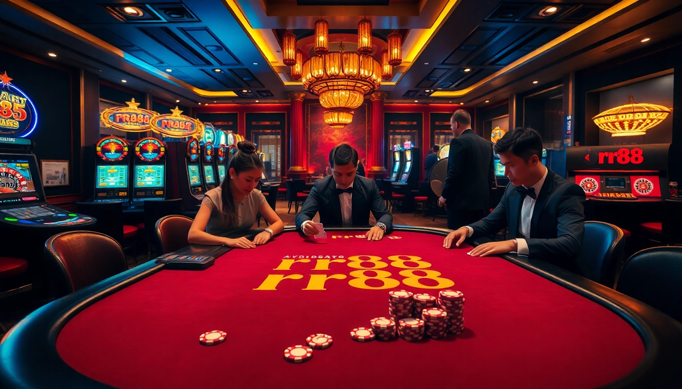 Intense poker action at rr88 casino with vibrant slot machines and roulette wheels.