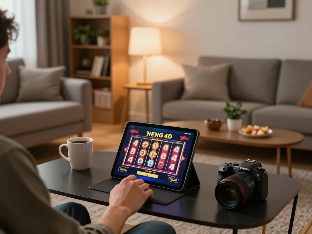 NENG4D player spinning slot reels on a tablet in a cozy home gaming setup, showcasing vibrant graphics and a relaxed atmosphere.