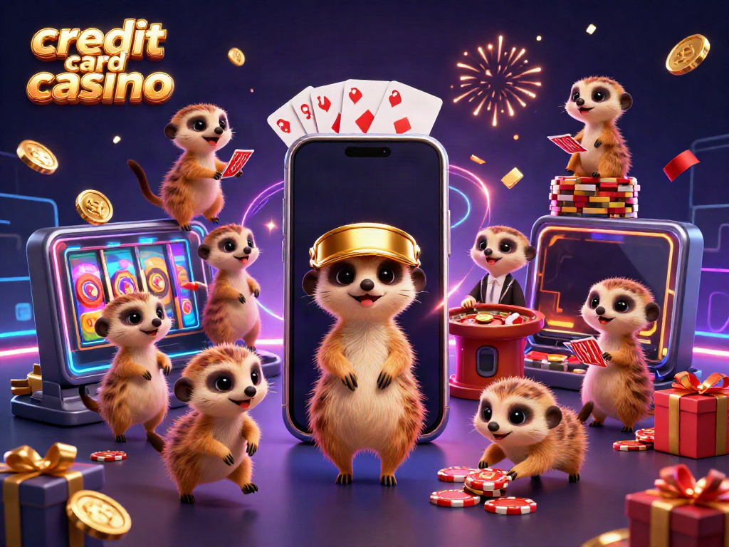 Experience the thrill of a credit card casino with meerkats in a lively gaming scene.