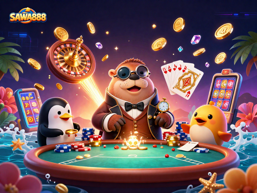 Engage with SAWA888's exciting underwater poker scene featuring a jolly walrus, sophisticated penguin dealer, and bluffing pufferfish, amidst vibrant casino elements.