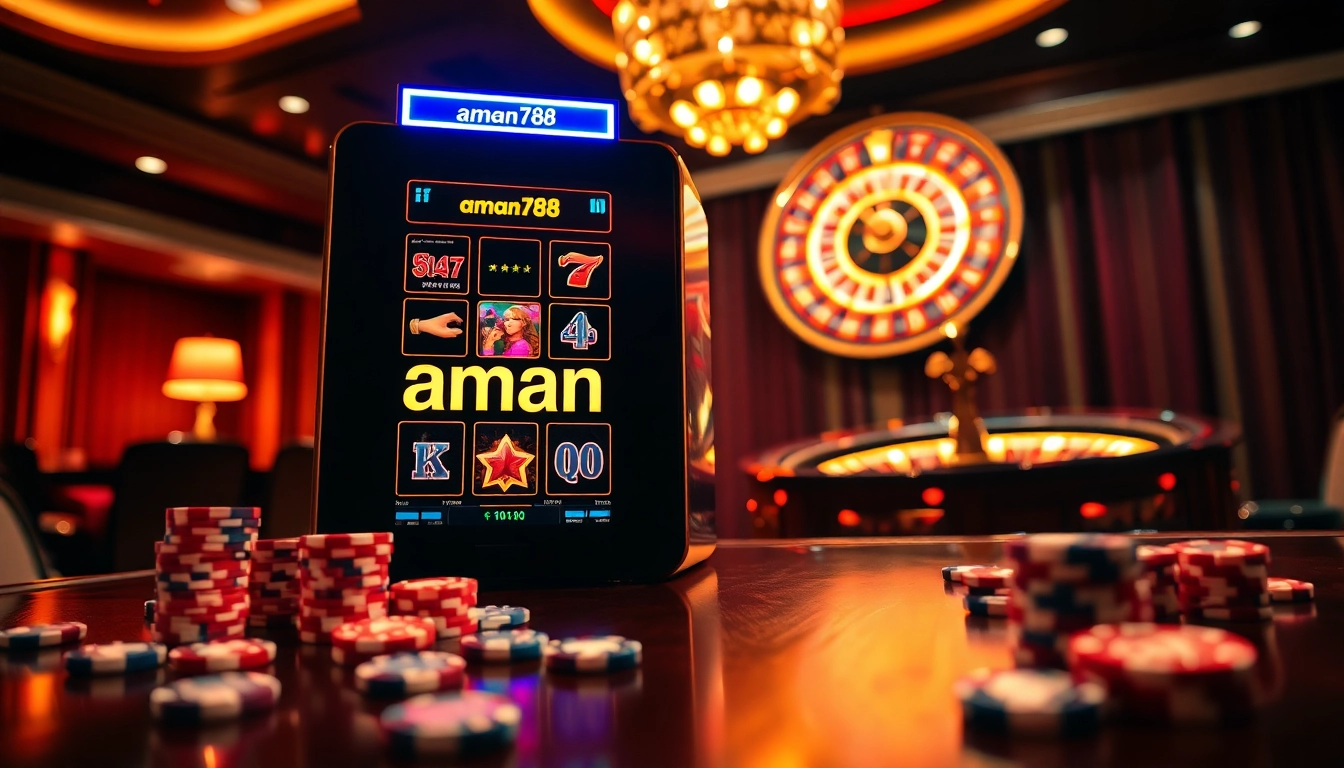 Sebuah adegan mendebarkan menampilkan mesin slot online aman788, chip poker, dan roda roulette yang bersinar