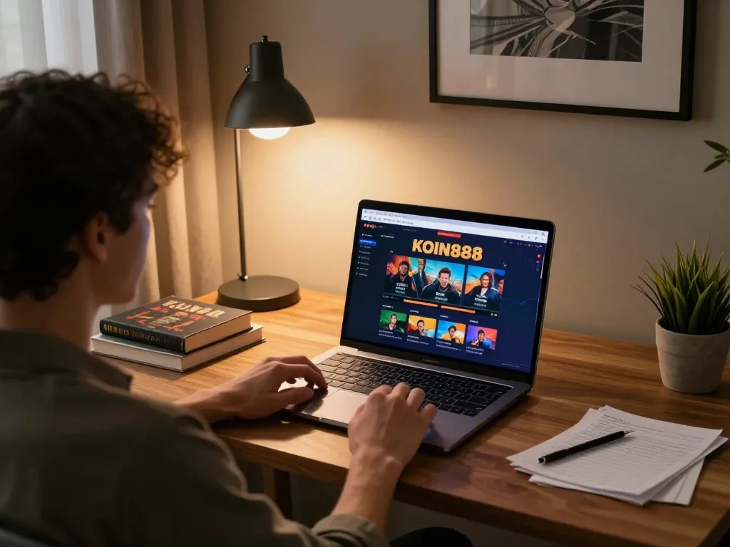 Terlibat dalam permainan kasino online dengan KOIN888 di laptop dalam pengaturan rumah yang stylish.