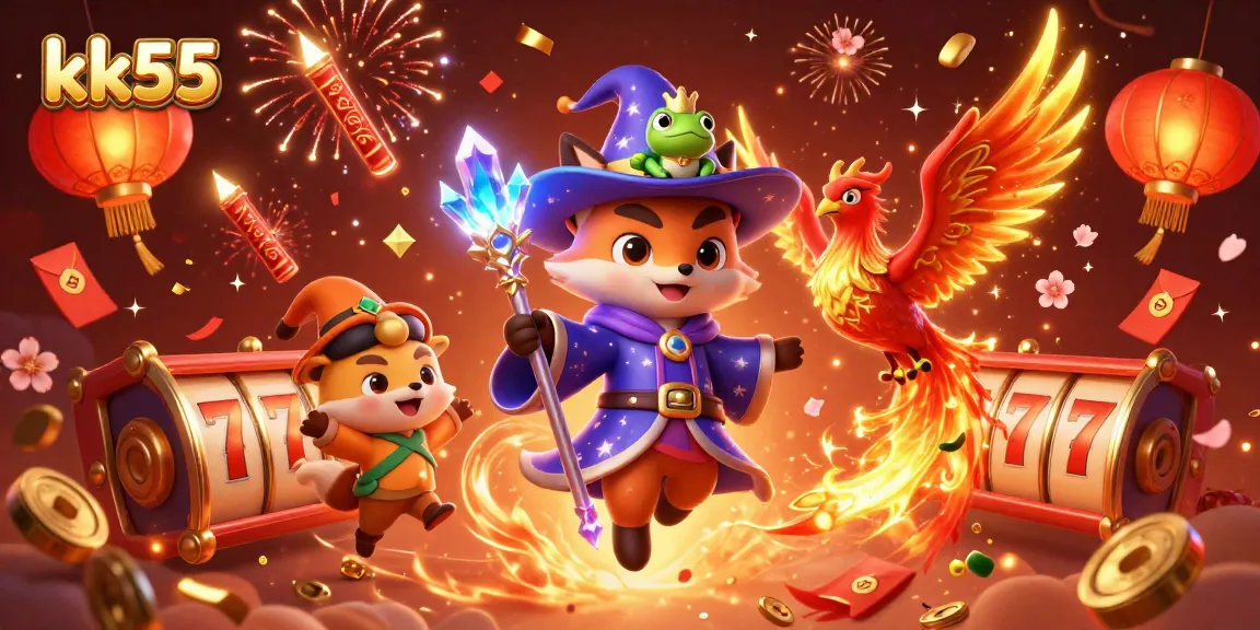 Experience magic and excitement with kk55 as a wizard fox and phoenix illuminate the casino world.