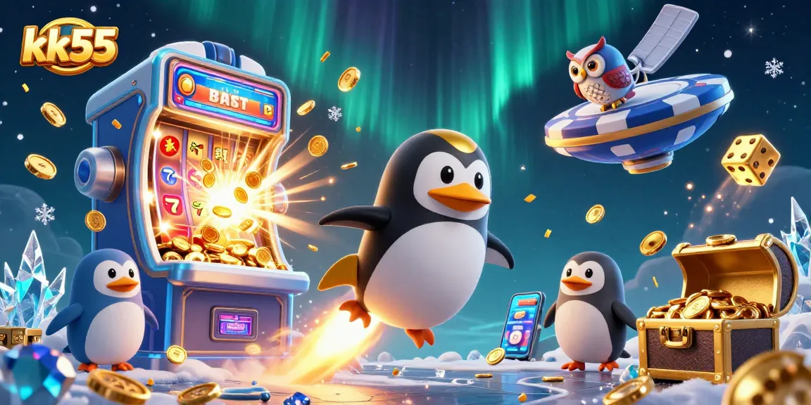 kk55 penguin rockets through a casino-themed cosmos, rich with gold and gaming symbols