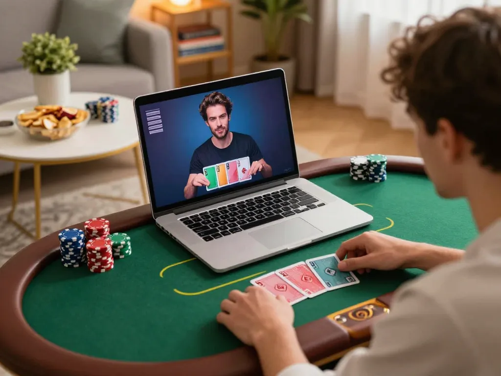 Seorang pemain merasakan permainan poker online aman788 di laptop, dikelilingi oleh lingkungan yang nyaman dan bahan strategi.