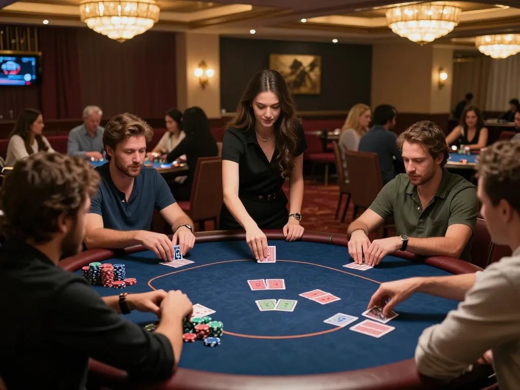 Jagoan86 poker enthusiasts engaged in a high-stakes game at an upscale casino table