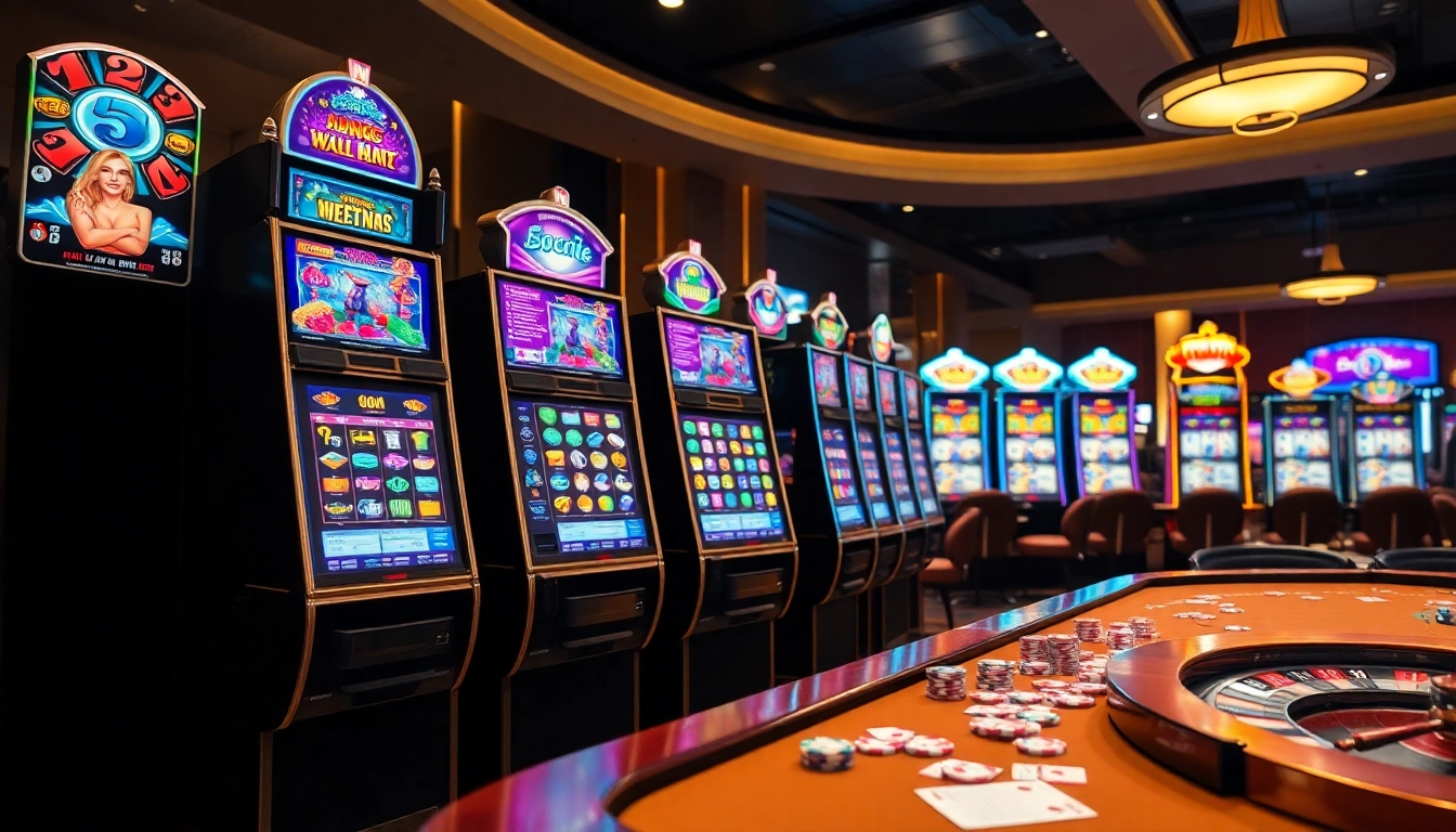 Excited players winning on various slot machines in a luxurious casino setting.