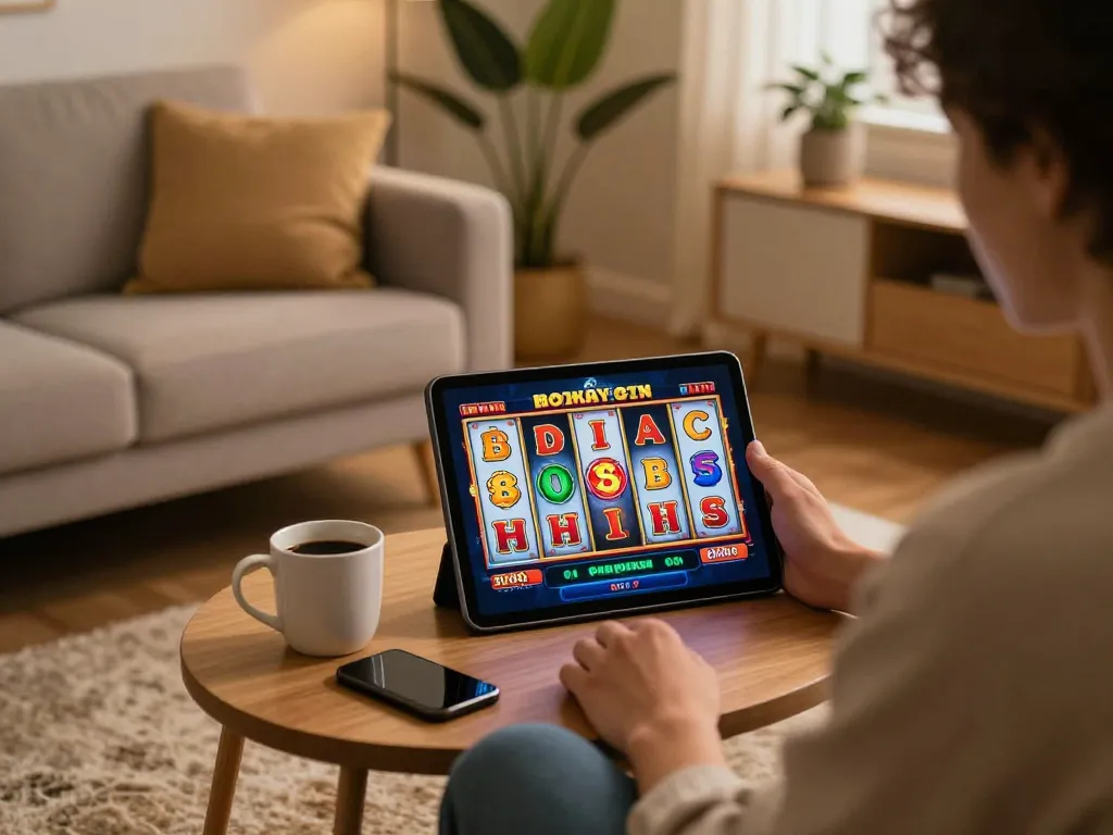 Player engaging with dewaslot on a tablet in a cozy living room.
