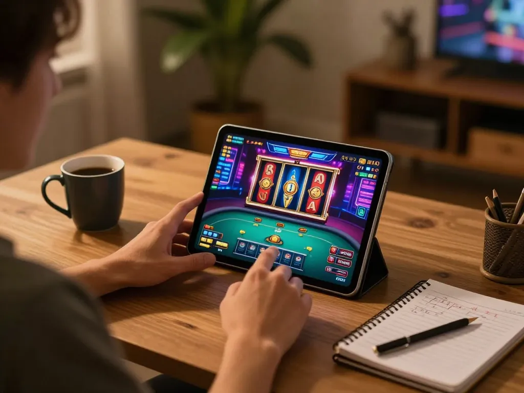 Player having an exciting online gaming experience at https://gemwin.pics on a tablet, surrounded by strategy notes and coffee.