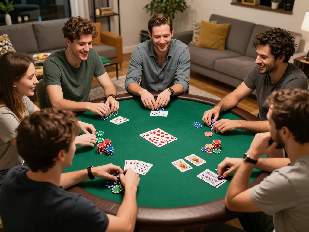 Friends enjoying a lively poker game at home, engaging in friendly competition while surrounded by snacks, invoking a smart city hostels atmosphere