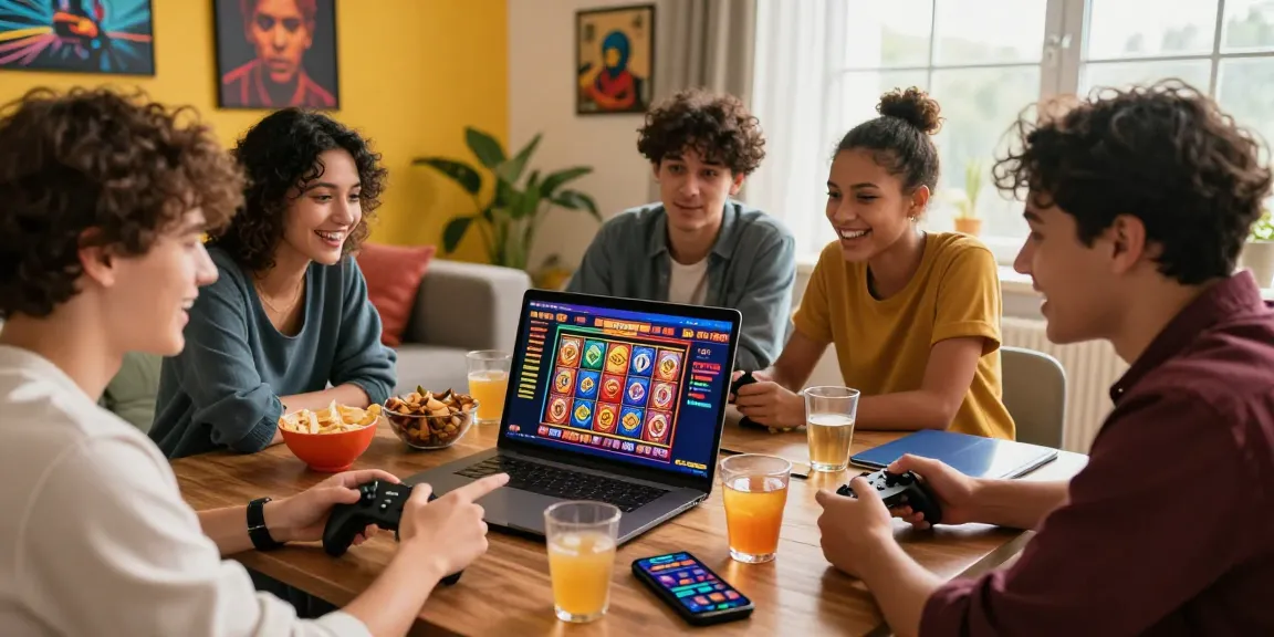 Friends exploring new UK slot sites on a laptop in an exciting gaming atmosphere, vibrant decorations and snacks present.