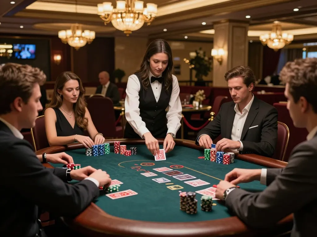 cm88 blackjack players strategizing their bets in a luxurious casino environment.