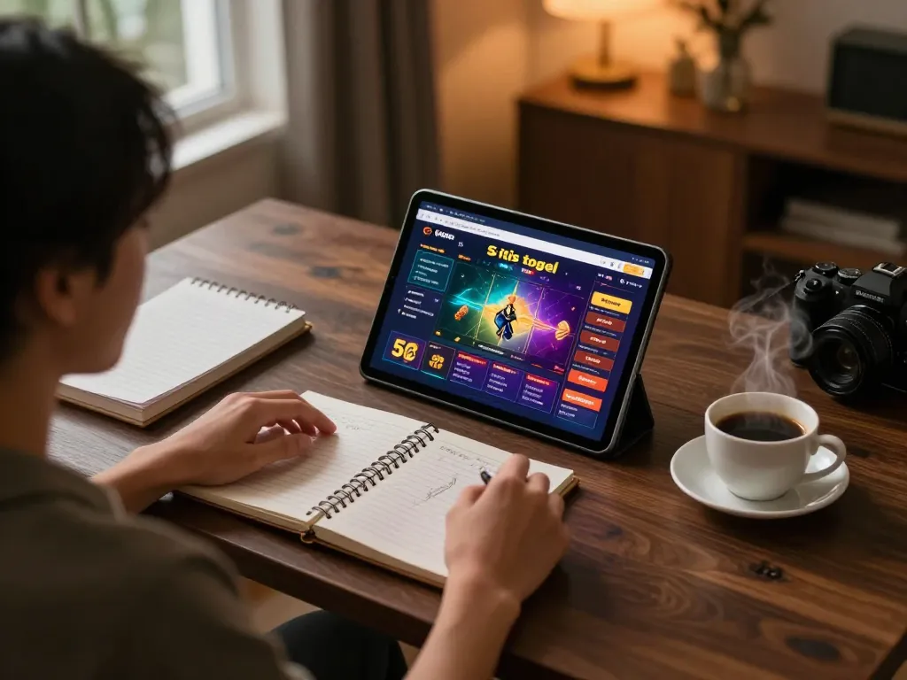 antarmuka taruhan situs togel online yang ditampilkan di tablet, seseorang sedang merencanakan di meja rumah