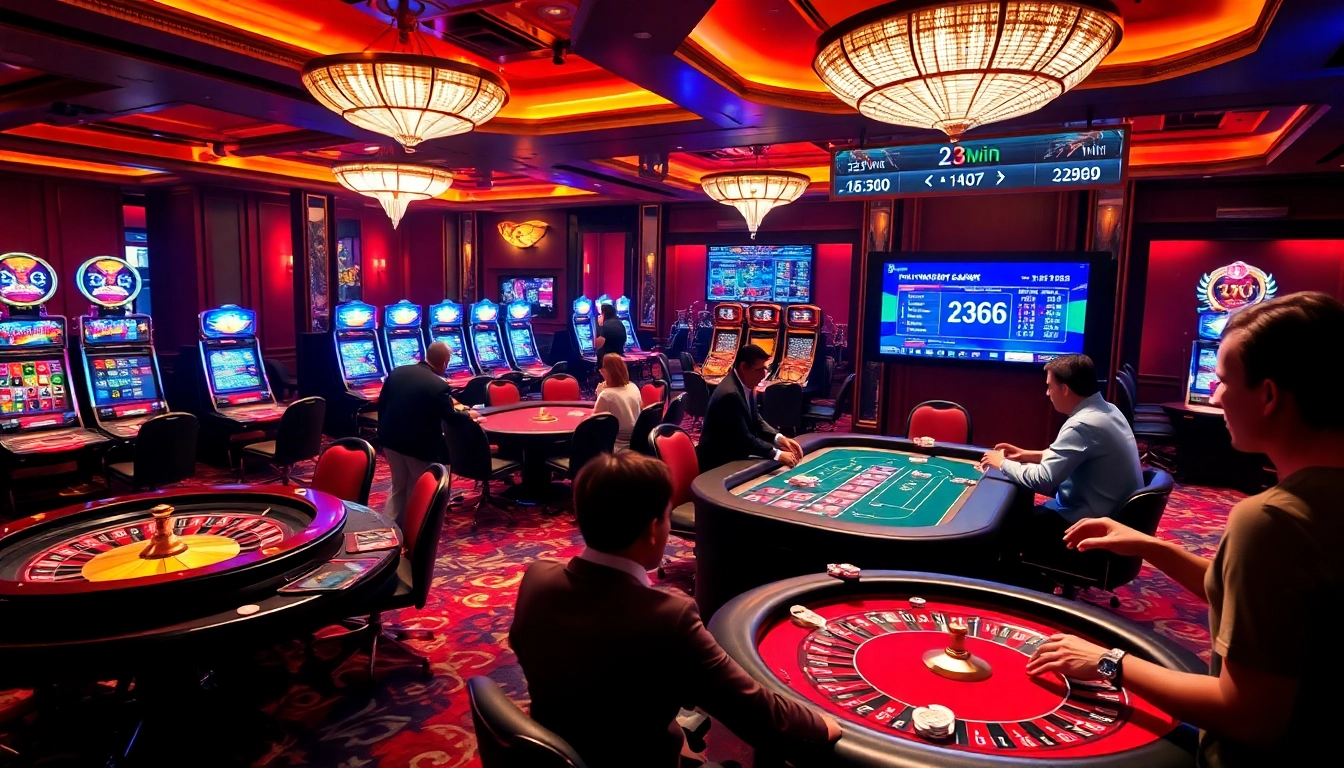 Experience the excitement of 23win with players engaging in high-stakes gambling at luxurious casino tables.
