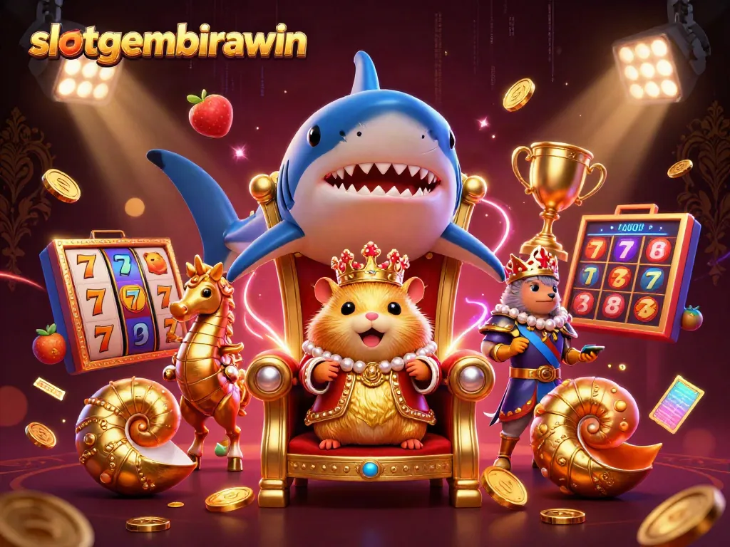 Experience thrilling jackpots with slotgembirawin in this 3D illustration featuring a hamster king and vibrant casino elements.