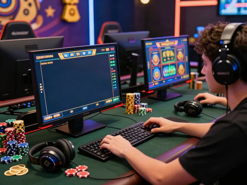 A user immersed in an online gaming experience playing akunjp slot games, surrounded by vibrant gaming gear and ambient lighting.