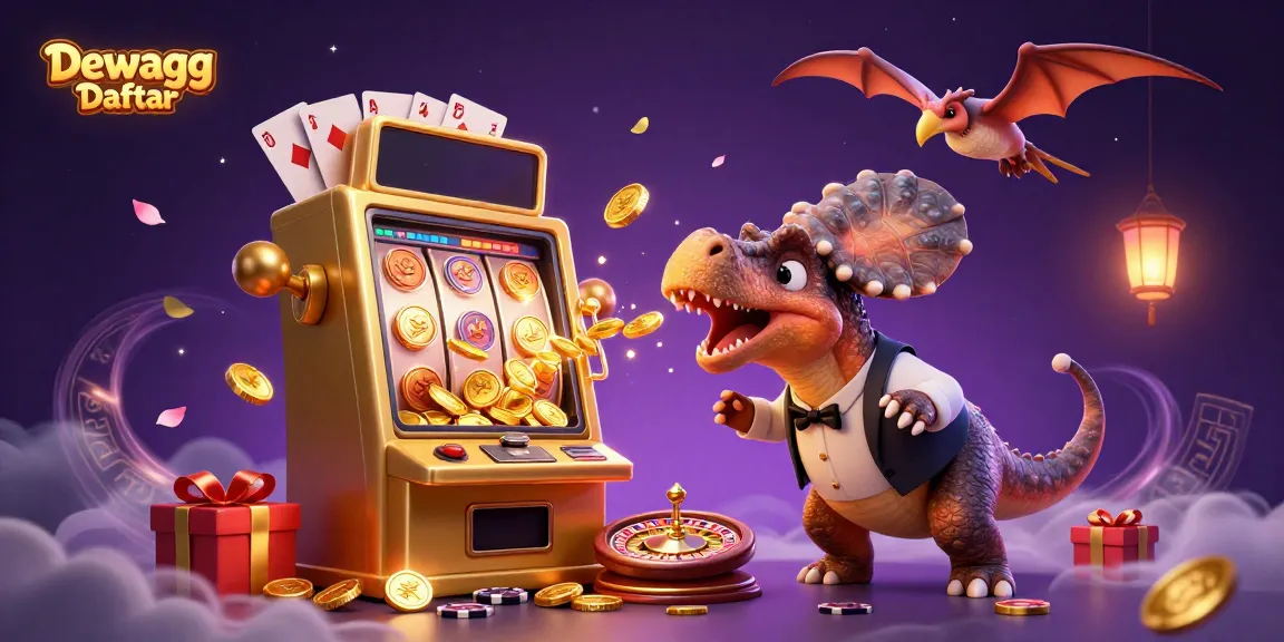 Dewagg Daftar showcases a dynamic casino scene with dinosaurs, slot machines, and coins in action.