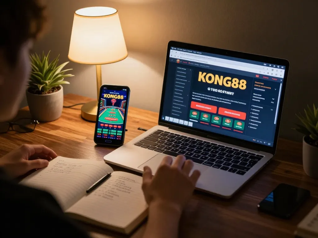 KONG88 online casino setup with a player strategizing gameplay at home using laptop and smartphone