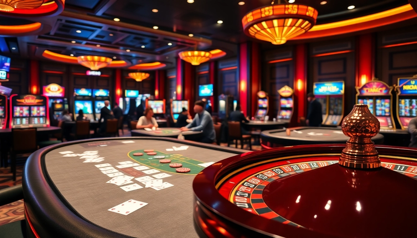 SODO CASINO offers an exciting poker table scene filled with players, chips, and bright slot machines.