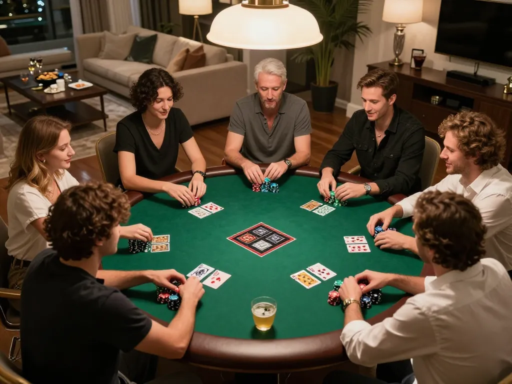 Players enjoy a friendly poker game at home, showcasing strategic moments with transcrime themes