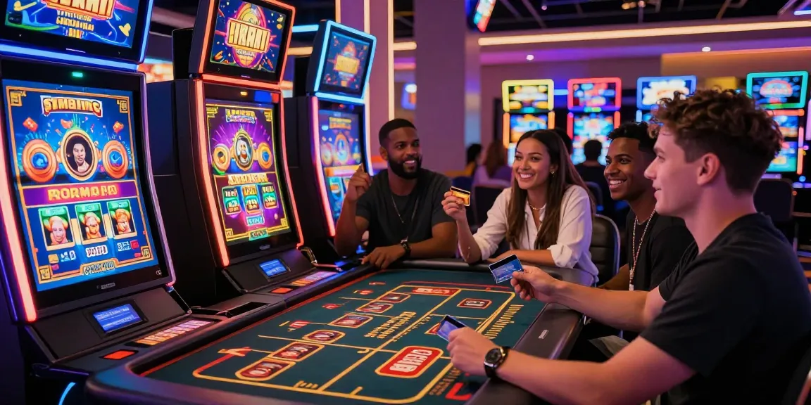 Exciting online casinos that accept credit cards, with players enjoying vibrant slot games in a lively atmosphere.