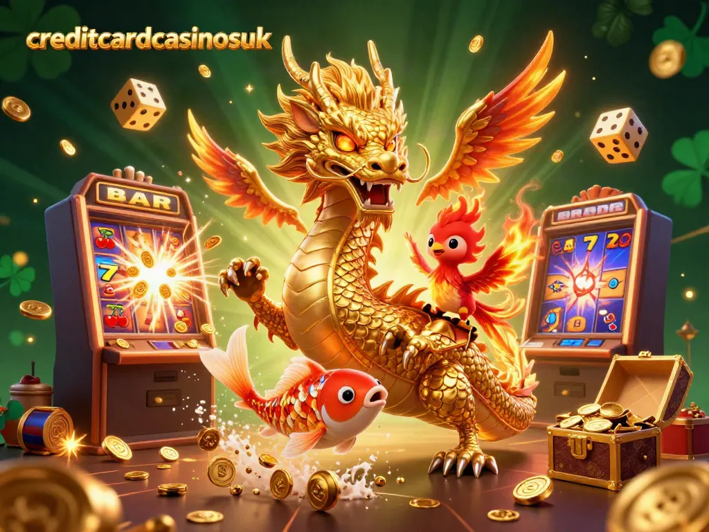 Engage with creditcardcasinosuk in an energetic scene featuring a dragon, phoenix, and koi fish amidst vibrant gaming elements.