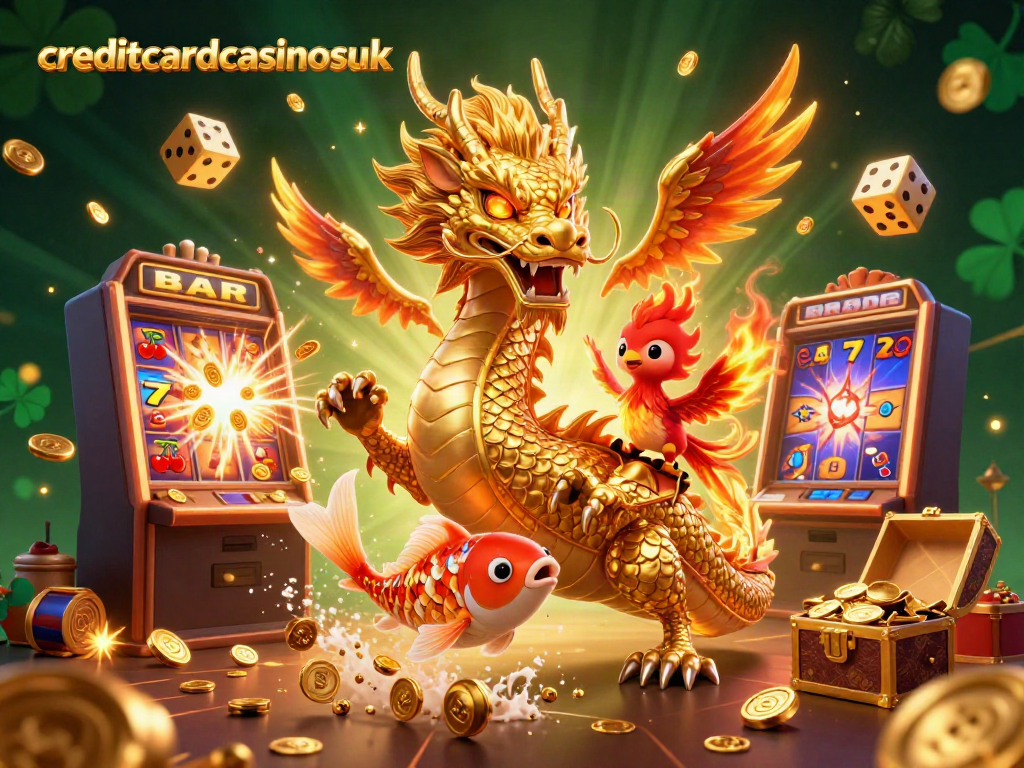 Engage with creditcardcasinosuk in an energetic scene featuring a dragon, phoenix, and koi fish amidst vibrant gaming elements.