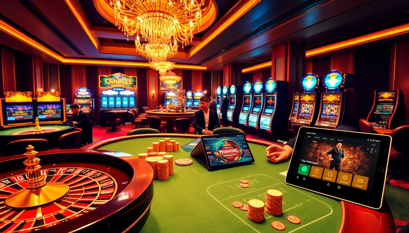 Experience the excitement of rr88wang.com with a vibrant online gambling scene featuring poker tables and slot machines.