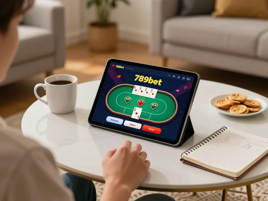 Engaging in online poker with 789bet app in cozy living room setting, illustrating responsible gaming.
