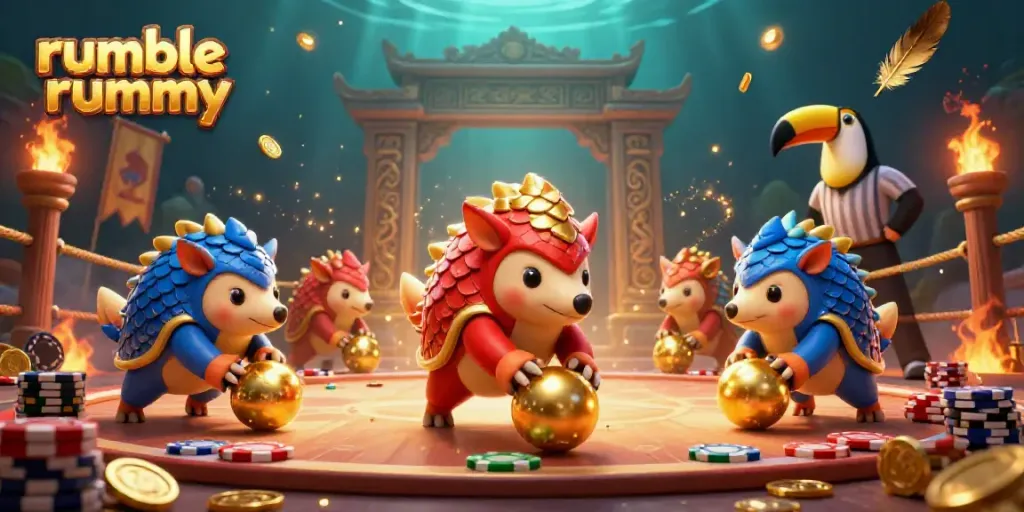 Engage in skillful gameplay with Rumble Rummy as pangolins roll through poker chips in an exciting atmosphere.